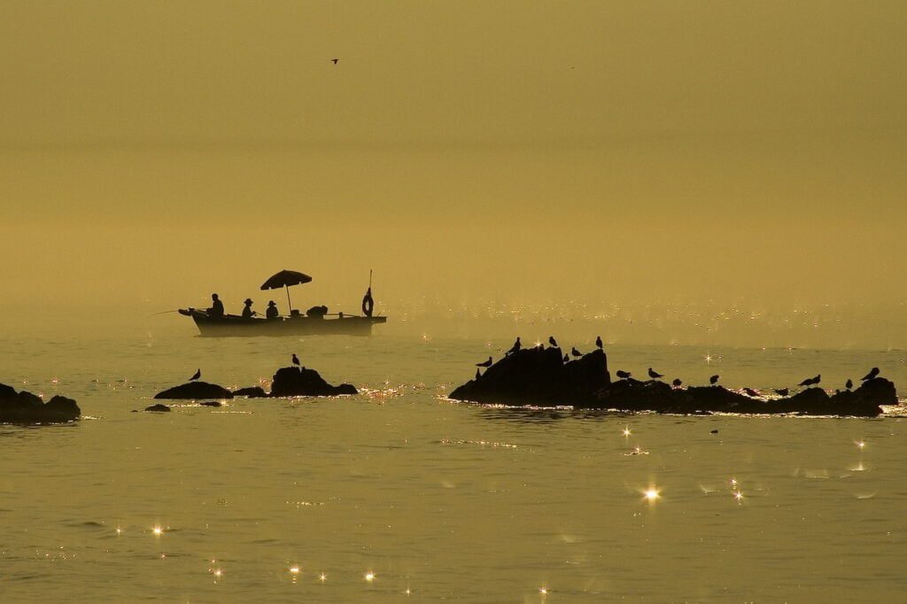 coast, island, fishing boat