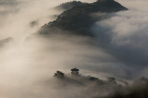 pavilion, hills, fog