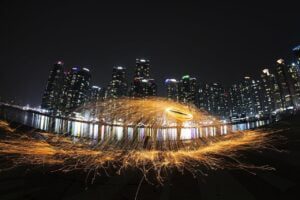 night view, flame, building