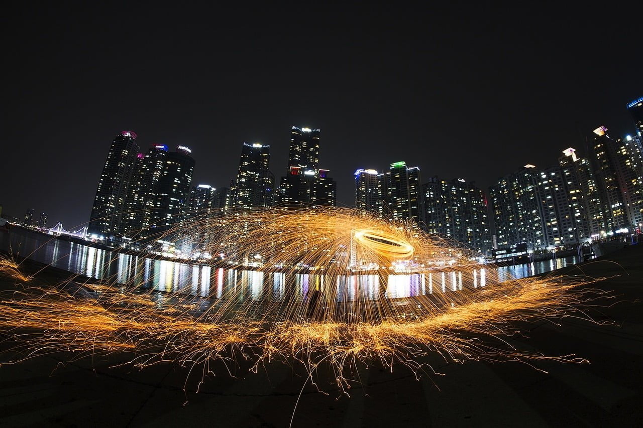 night view, flame, building